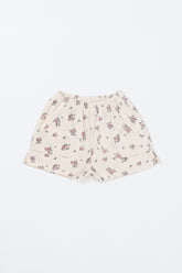 Flat Lay of Avauma Fluffy Garden Cream Rose Baby Shorts, Lightweight Cotton Shorts with Floral Print